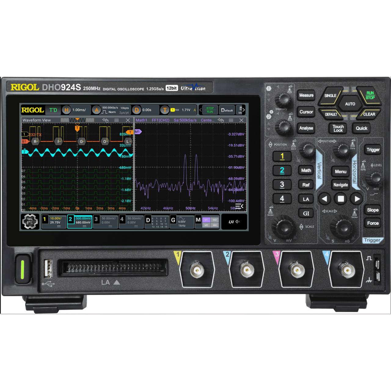 DHO924S Osciloscopio Digital Rigol de 4 Canales Análogos, 250 MHz de Ancho de Banda Análoga, Vel. de Muestreo-Tiempo Real de 1.25 GS/s. con Generador de Audio (AFG)