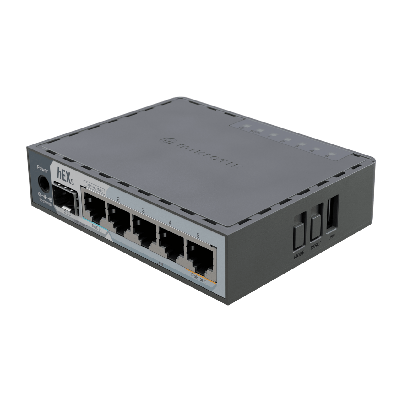 E60IUGS Router hEX S / 5 Puertos Gigabit Ethernet / 1 Puerto SFP 2.5G / Dual-Core ARM / 512 MB RAM / RouterOS V7 / PoE-In y PoE-Out / Montaje en Pared