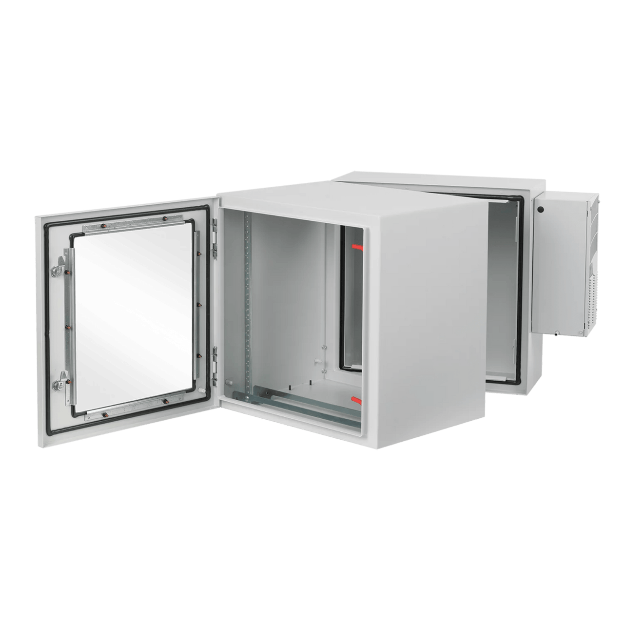 PTHW362428G2A Gabinete Industrial ProTek de Puerta con Ventana, Con Aire Acondicionado de 800 BTU, Protección NEMA Tipo 4/12; IP66; IK10, Abatible, Fabricado en Acero, 19 UR, Color Gris Claro