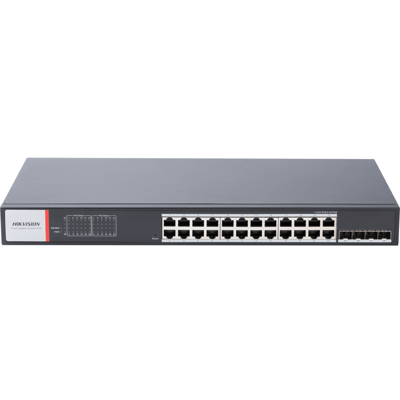 DS3T1528HPSI24P4F Switch Gigabit PoE+ / Administrable / 24 Puertos 1000 Mbps PoE+ / 4 Puertos SFP / Configuración Nube Hik-PartnerPro / Modo Extendido hasta 300 Metros / 370 W