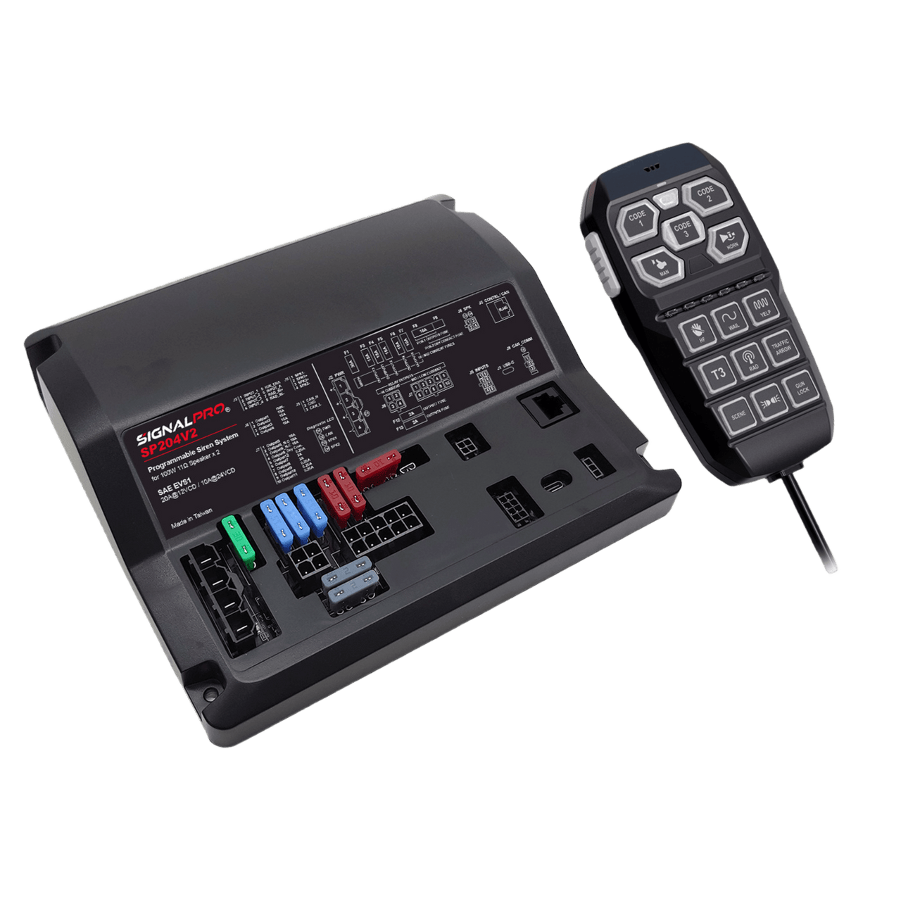 SP204V2 Sirena Vehicular de 200W de Potencia, Programable, Con Controlador Unimando de 15 Botones Para Control de Tonos, 12 Salidas Auxiliares y Micrófono