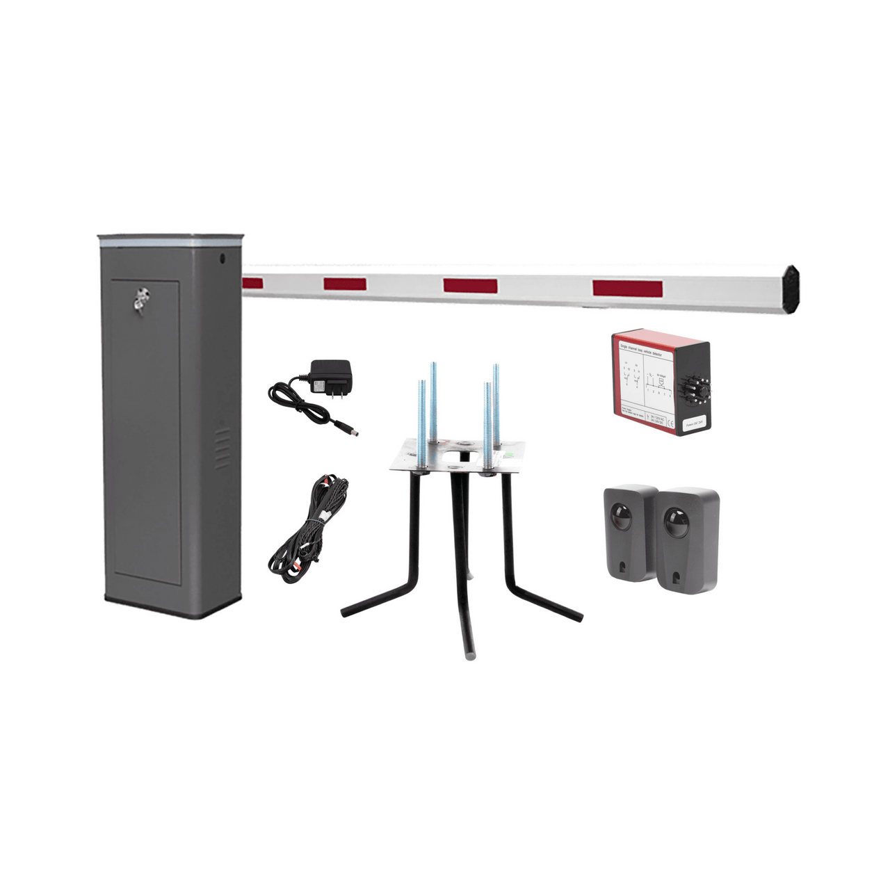 KIT-XBS-3R Kit COMPLETO Barrera Derecha XBS Con Corona LED / Brazo de 5.5 Metros / Incluye Sensor de Masa, Transformador, Lazo Magnético, Ancla, Fotoceldas y 2 Controles Inalámbricos