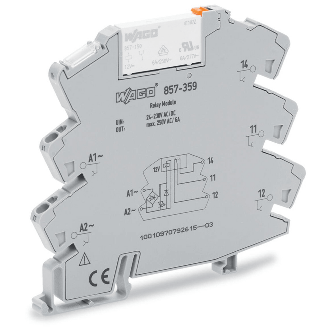 857-359 Módulo con Relé WAGO 857-359 / 24V ... 230V AC/DC / Corriente Permanente Límite 6 A / Un Inversor / Indicador de Estado Amarillo / Montaje en Carril DIN-35 / Aislamiento Reforzado