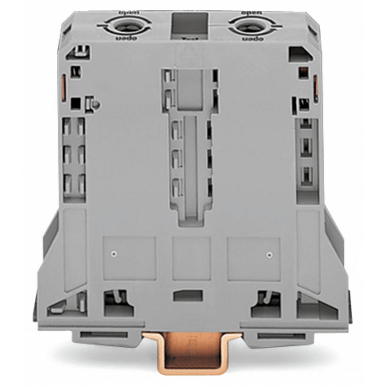285-195 Borna de Paso para 2 Conductores / 95 mm² / POWER CAGE CLAMP / Montaje en Carril DIN 35 x 15 / Tensión Asignada 1000 V / Corriente Asignada 232 A / Material Poliamida (PA66) / Gris