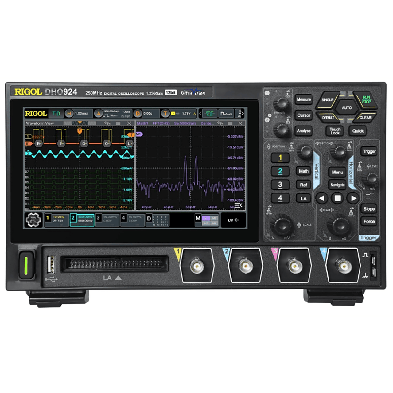 DHO924 Osciloscopio Digital RIGOL de 4 Canales Análogos, 250 MHz de Ancho de Banda Análoga, Vel. de Muestreo-Tiempo Real de 1.25 GS/s.