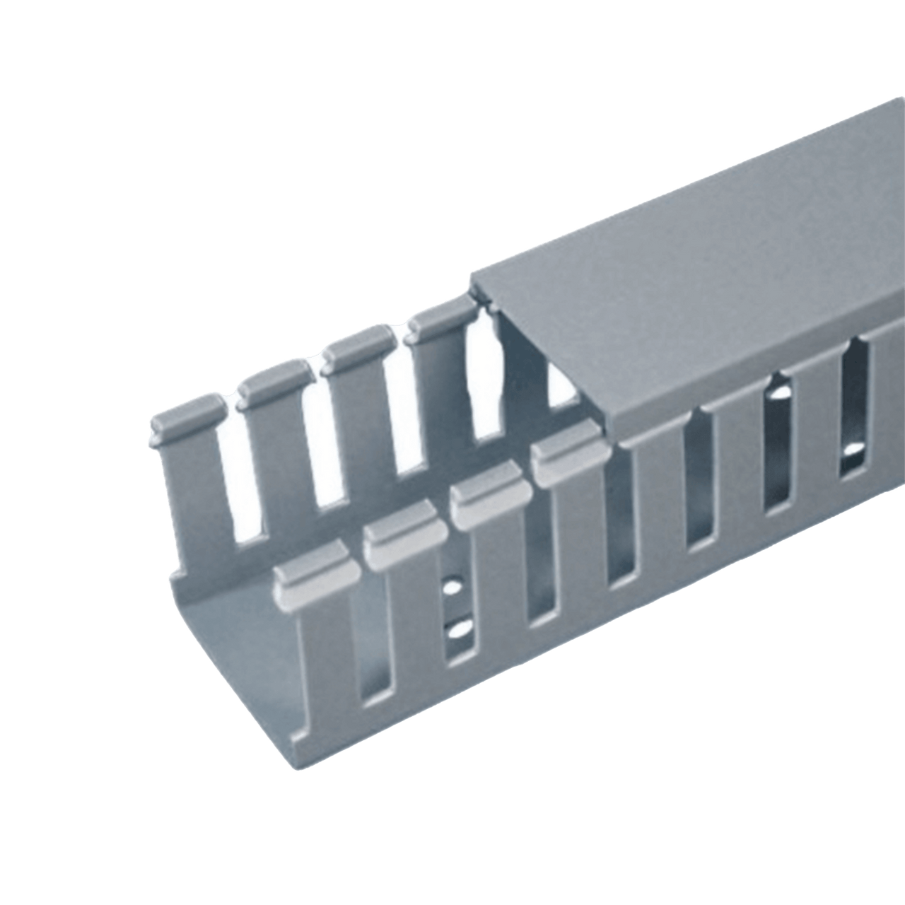 FC1.5X4LG2 Canaleta Ranurada de PVC con Tapa, Tipo F, 44.5 mm de Ancho, 104.1 mm de Alto y 2 m de Largo, Color Gris