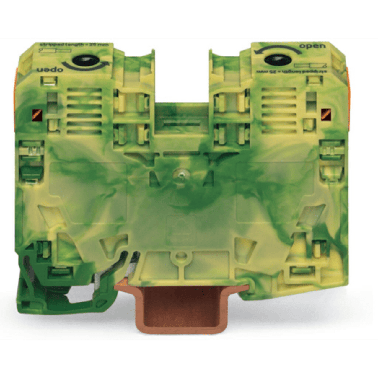 285-137 Borna de Tierra / 2 Conductores / 35 mm² / POWER CAGE CLAMP / Montaje en Carril DIN 35 x 15 / Verde-Amarillo / Poliamida (PA66) / Conexión Lateral / Rango de Sección 6-35 mm²