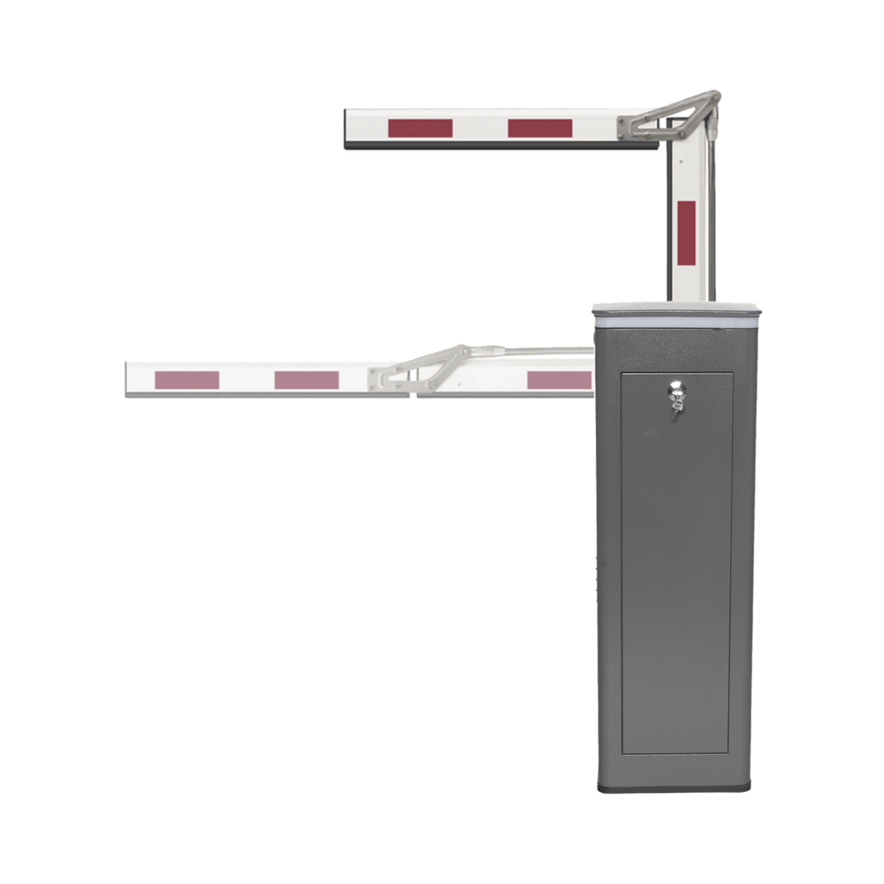 KT-XBF-LBA4 Kit de Barrera Vehicular Izquierda y Brazo ARTICULADO de 4 Metros / Finales de Carrera Ajustables por Programación / Movimiento Fluido / Diseño Elegante Color Gris / Con Corona Led Semaforizada