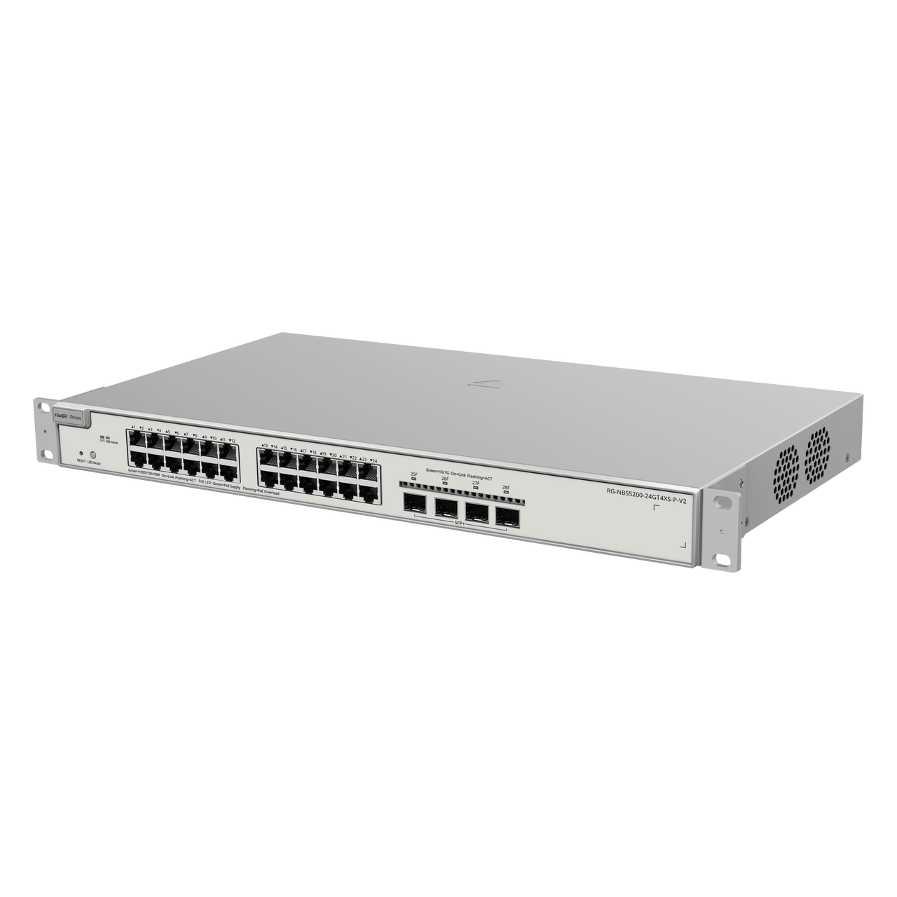 RG-NBS3200-24GT4XS-P-V2 Switch Administrable PoE Capa 2+ Plus, con 24 puertos Gigabit PoE 802.3af/at + 4 SFP+ para fibra 10Gb, gestión gratuita desde la nube, 370w