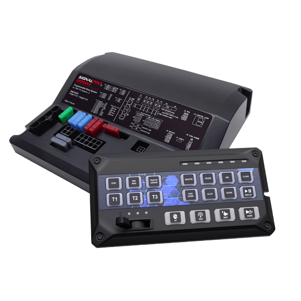 SP204RV2 Sirena Vehicular de 200W de Potencia, Programable, Con Controlador de Panel Deslizante de 19 botones, indicador de flecha de tráfico de 6 LED, 12 Salidas Auxiliares