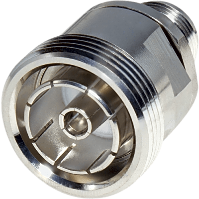 Adaptador en Línea de Conector DIN 7-16 Hembra a N Hembra, Plata / Plata / Teflón.